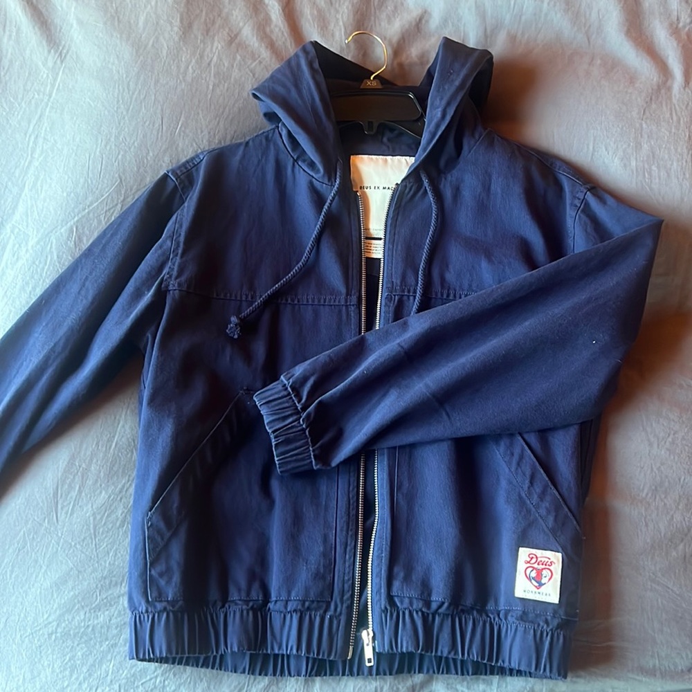 Small Deus Ex Machina women’s zippered workwear jacket with hood - navy blue